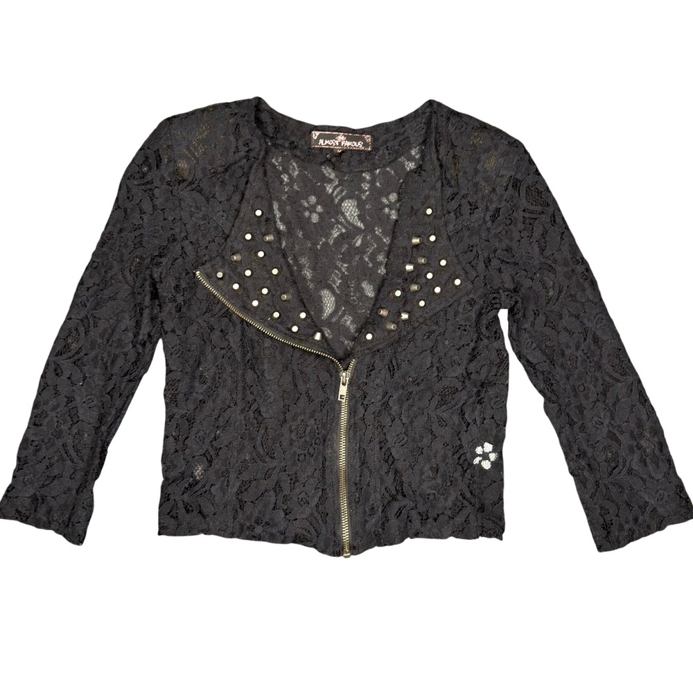 Almost Famous Lace Moto Jacket Medium Black Studded Zip Cropped